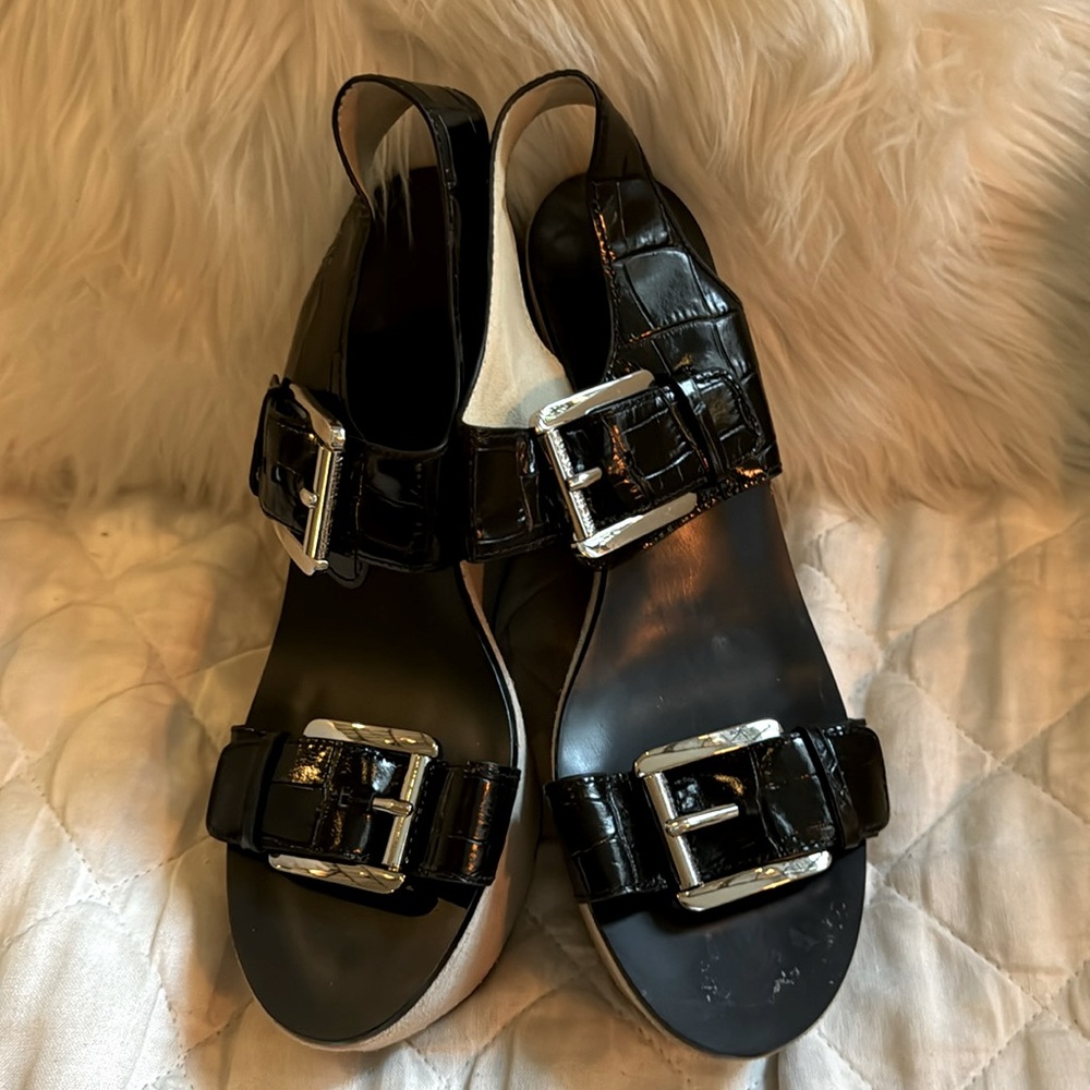 Michael Kors Black Croc Leather Wedge Sandals, Size 7.5